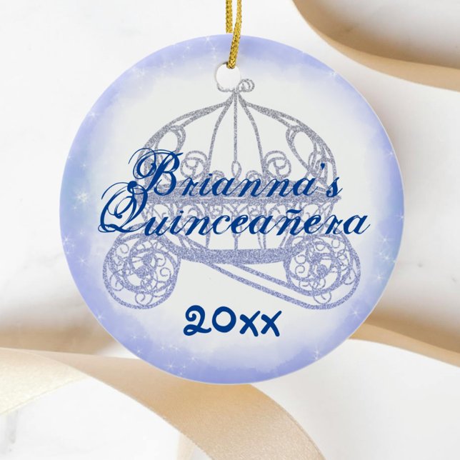 Blue Quinceanera Keepake Weihnachtsschmuck (personalized light dusty blue quinceanera christmas ornament princess gift horse carriage cute)