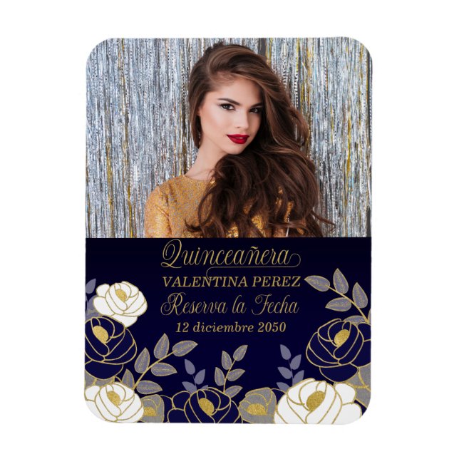 Blue Quinceanera mit Gold Spanisch Save the Date Magnet (Vertikal)