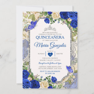 Blue Quinceañera Silver Crown Butterfly 15 Anos Einladung