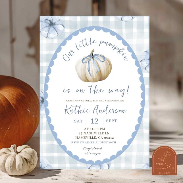 Blue Quirky Gingham Pumpkin Baby Shower Einladung (Von Creator hochgeladen)