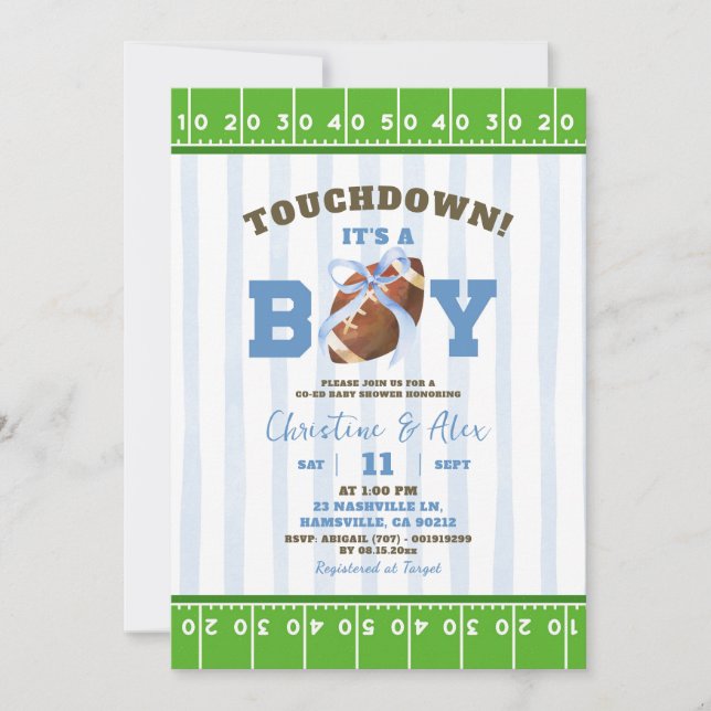 Blue Quirky Touchdown Boy Baby Dusche Einladung (Vorderseite)
