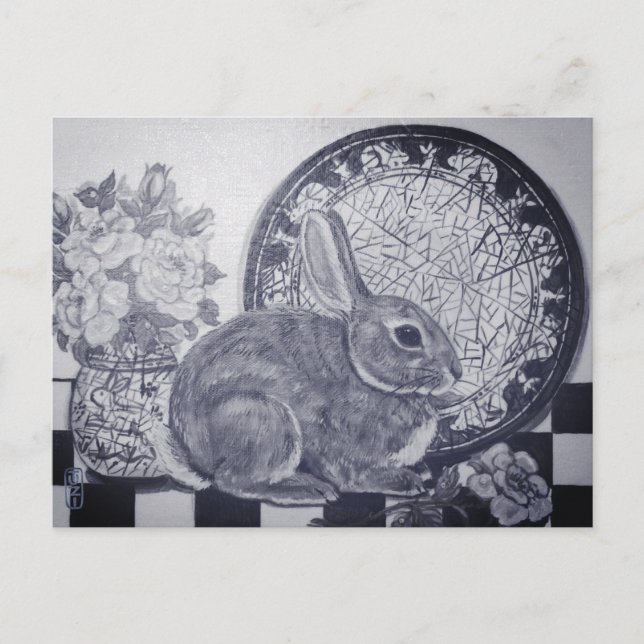 Blue Rabbit Bunny Still Life Malerei Dedham Plate Postkarte (Vorderseite)