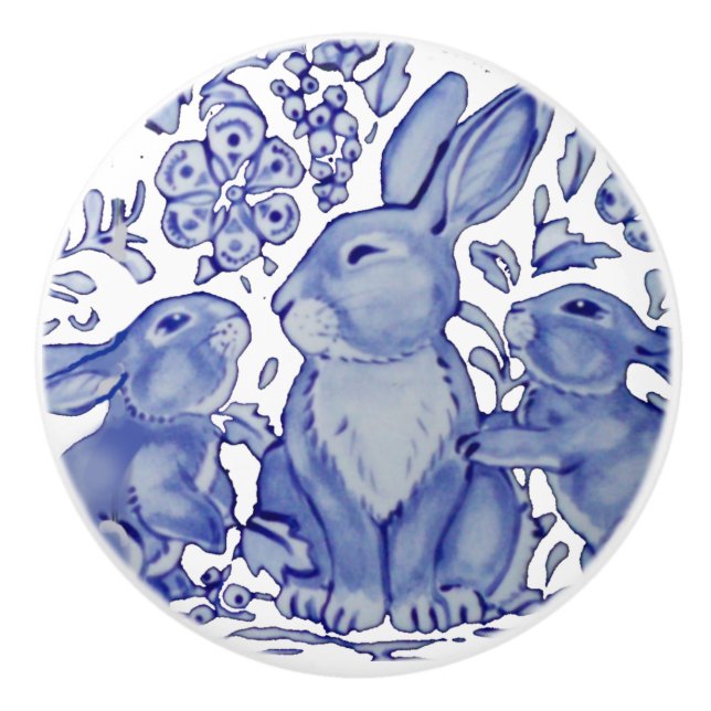 Blue Rabbit Family Floral Delft Dedham Mama Baby Keramikknauf (Vorderseite)