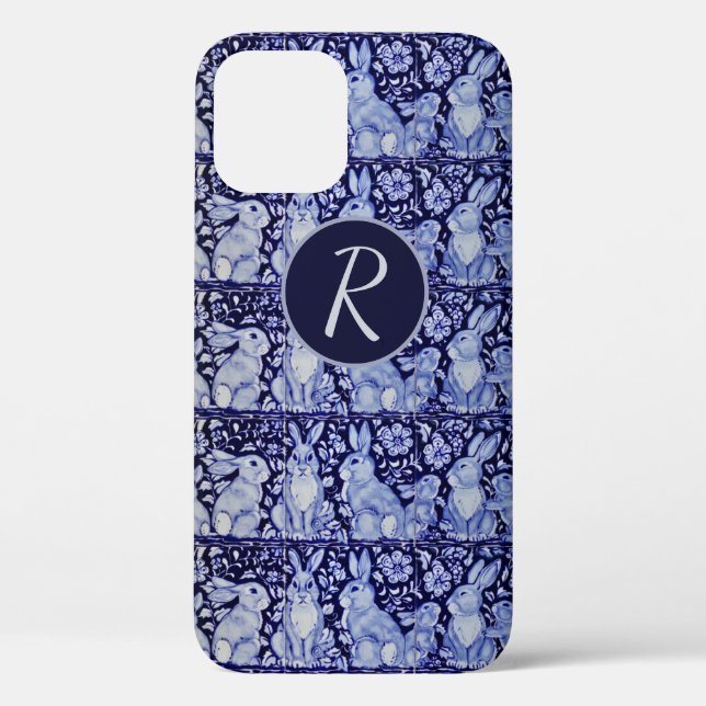 Blue Rabbit Family Floral Delft Dedham Monogram Case-Mate iPhone Hülle (Rückseite)