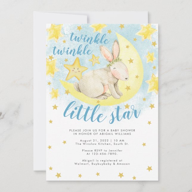 Blue Rabbit Gold Twinkle Little Star Baby Dusche Einladung (Vorderseite)