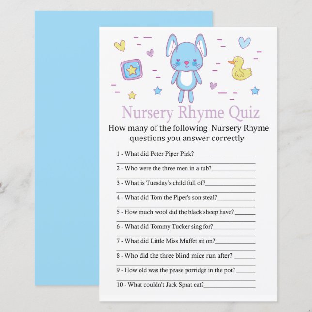 Blue Rabbit Kinderzimmer Rhyme Quiz Babyduschenspi (Vorne/Hinten)