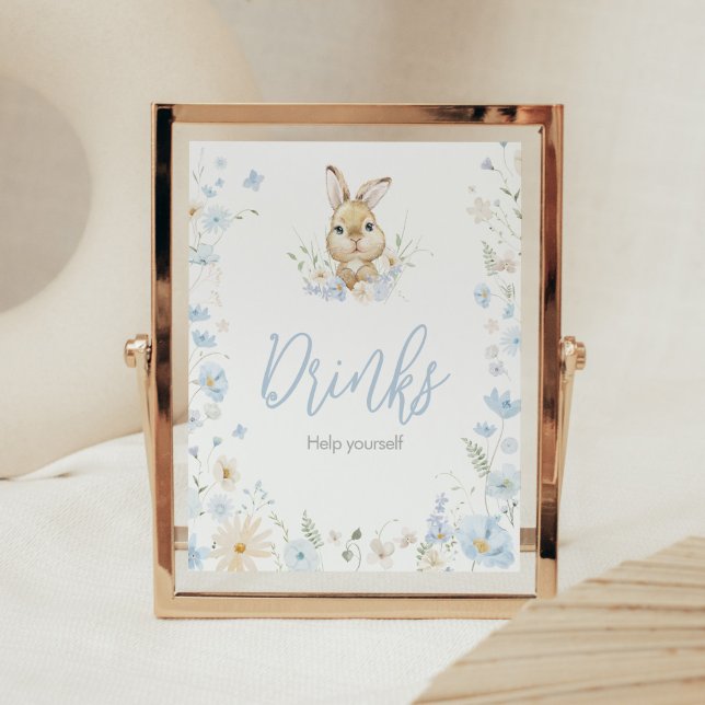 Blue Rabbit Somebunny Baby Shower Drinks Poster (Blue Somebunny Rabbit Baby Shower Drinks Sign)