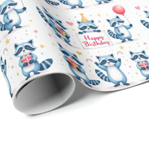 Blue Raccoon Birthday Celebration Scene - Birthday Geschenkpapier