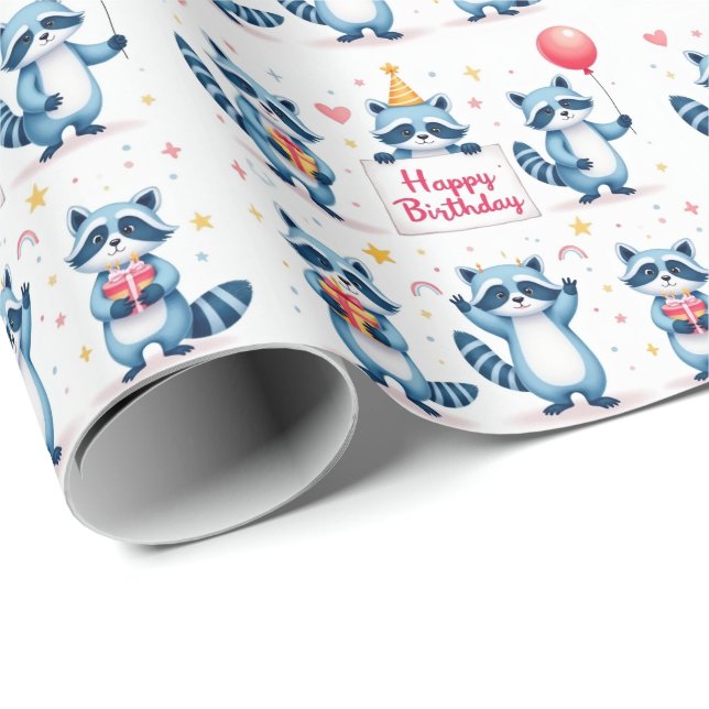 Blue Raccoon Birthday Celebration Scene - Birthday Geschenkpapier (Rolleneckpunkt)
