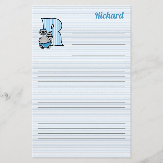 Blue Raccoon Mongram Letter R mit Name Linken Briefpapier (Vorderseite)