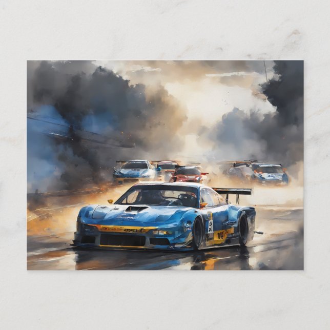 Blue Race Auto mit Sun Rising Postkarte (Vorderseite)