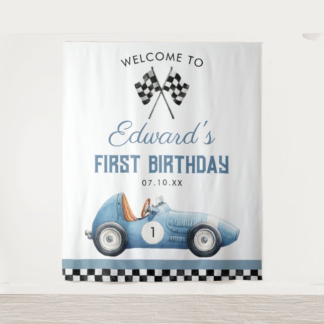 Blue Race Car 1st Birthday Photo Backdrop Wandteppich (Vorderseite)