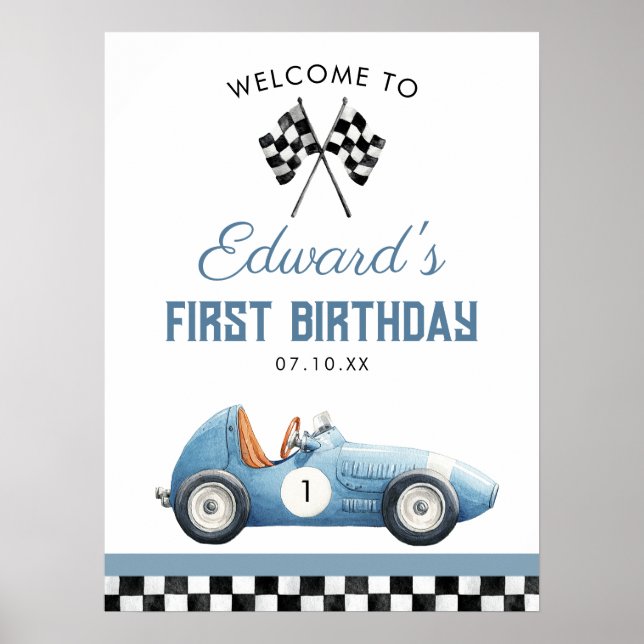 Blue Race Car 1st Birthday Welcome Sign Poster (Vorne)