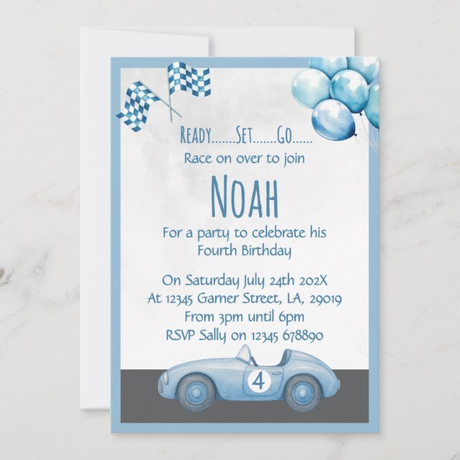Blue Race Car 4th Birthday Party Invitation Einladung (Vorderseite)