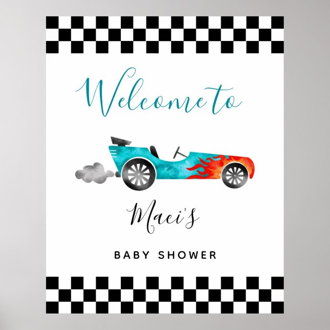 Blue Race Car Baby Dusche Begrüßungszeichen Poster (Vorne)
