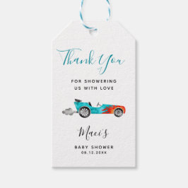 Blue Race Car Baby Shower Tags Geschenkanhänger