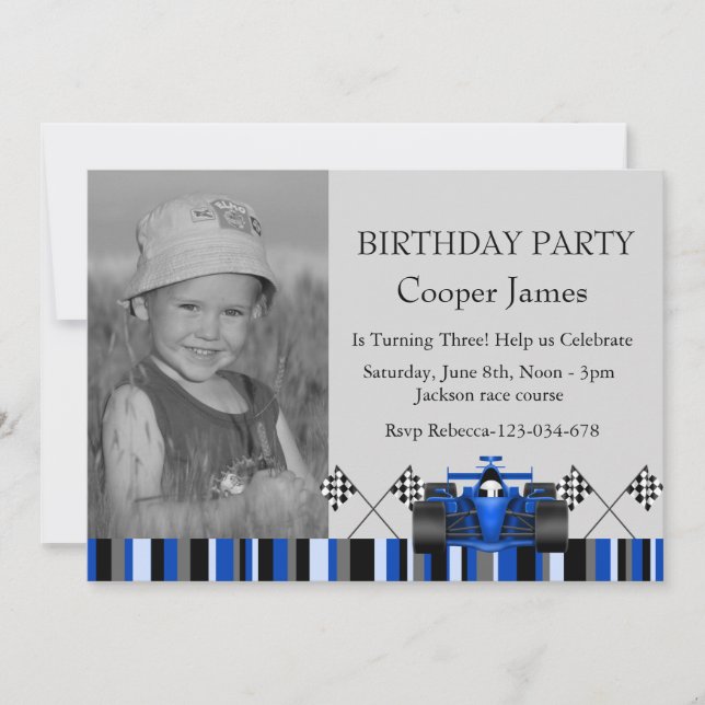 Blue Race Car Birthday Invite Einladung (Vorderseite)