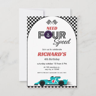 Blue Race Car Birthday | Vierfache Geschwindigkeit Einladung