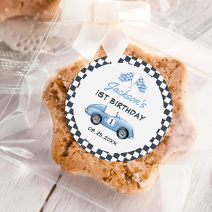 Blue Race Car Boy 1. Geburtstag Runder Aufkleber