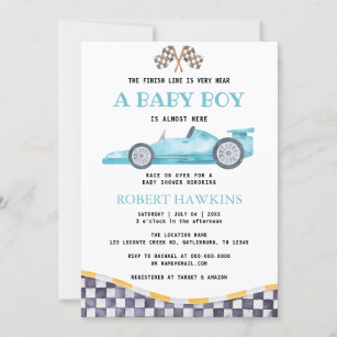Blue Race Car Boy Baby Dusche Einladung