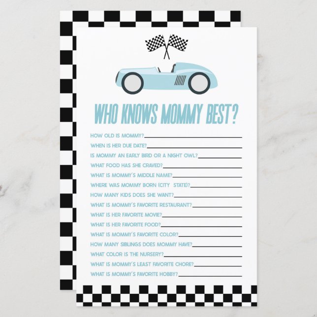 Blue Race Car, der Mommy Baby Shower Game kennt (Vorne/Hinten)