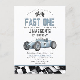 Blue Race Car Fast 1 1. Geburtstag Party Einladung Postkarte