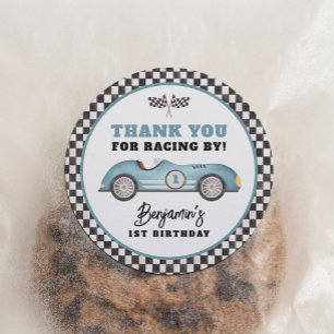 Blue Race Car Fast One Boy Birthday Party Runder Aufkleber