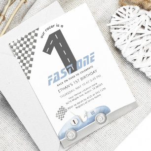 Blue Race Car Fast ONE Boy Geburtstag Einladung