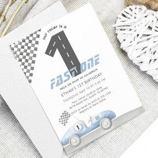 Blue Race Car Fast ONE Boy Geburtstag Einladung