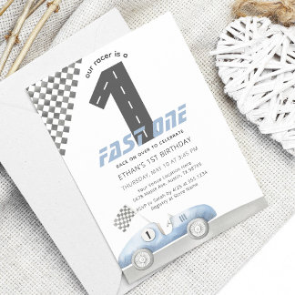 Blue Race Car Fast ONE Boy Geburtstag Einladung