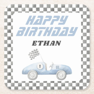 Blue Race Car Fast ONE Boy Geburtstag Rechteckiger Pappuntersetzer