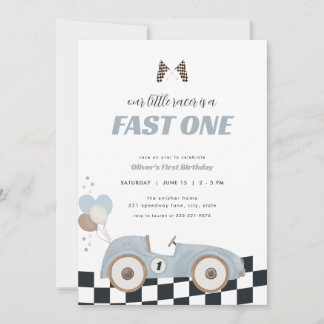 Blue Race Car Fast One First Birthday Invite Einladung