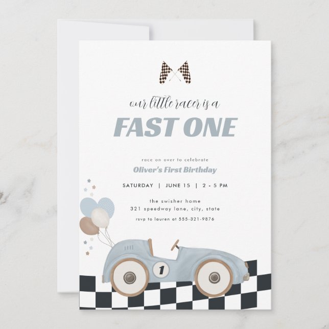 Blue Race Car Fast One First Birthday Invite  Einladung (Vorderseite)
