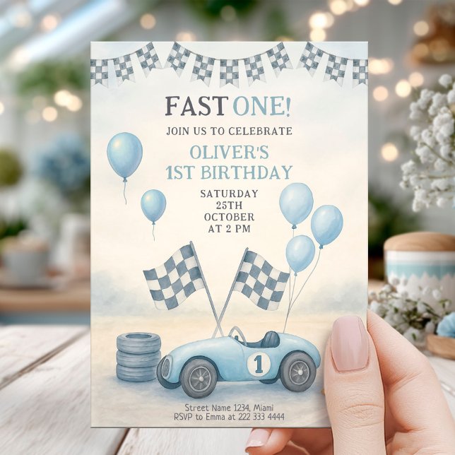 Blue Race Car First Birthday Einladung (Von Creator hochgeladen)