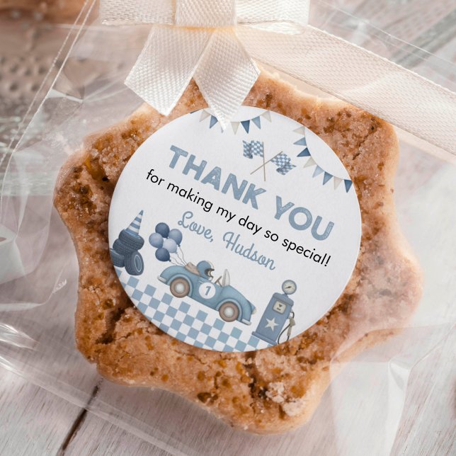 Blue Race Car First Lap Around the Track Birthday Runder Aufkleber (Von Creator hochgeladen)