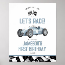 Blue Race Car Geburtstagsparty Begrüßungszeichen Poster