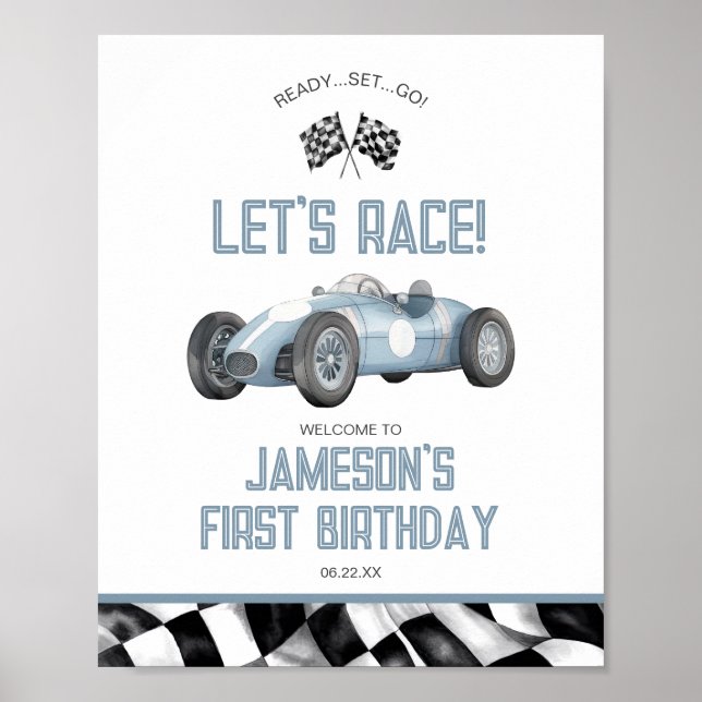 Blue Race Car Geburtstagsparty Begrüßungszeichen Poster (Vorne)