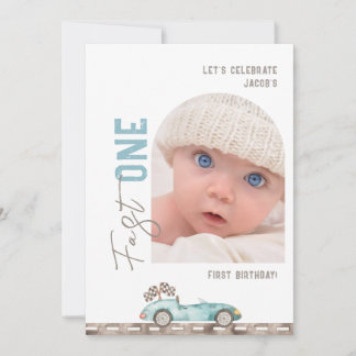 Blue Race Car Photo Birthday Invitation Einladung