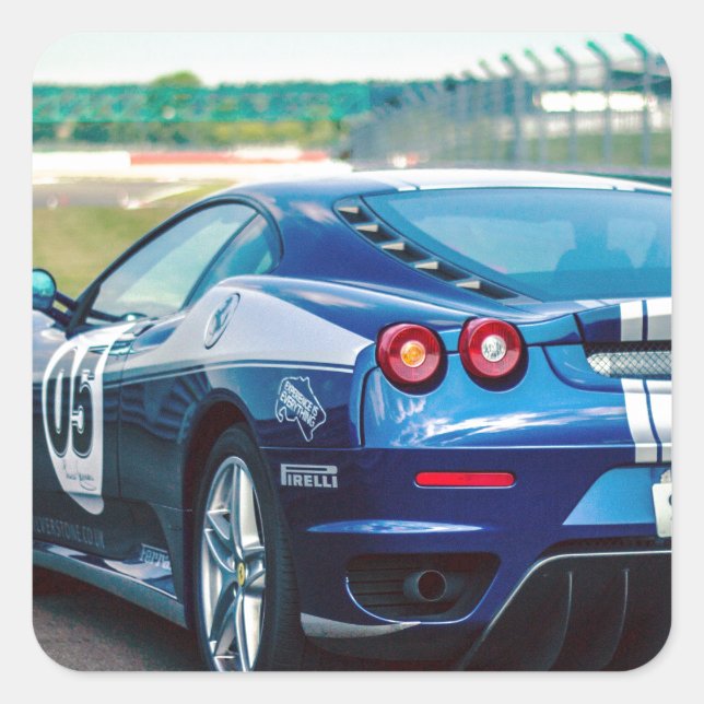 Blue Race Car Quadratischer Aufkleber (Vorderseite)