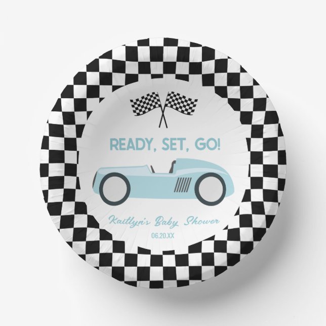 Blue Race Car Ready Set Go Baby Dusche Pappteller (Vorderseite)