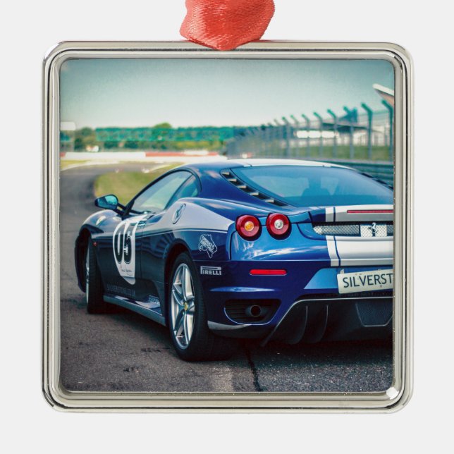 Blue Race Car Silbernes Ornament (Vorne)