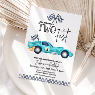 Blue Race car TWO FAST 2nd Birthday party Einladung