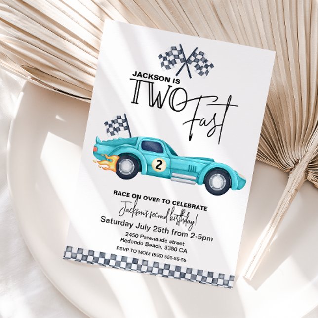 Blue Race car TWO FAST 2nd Birthday party Einladung (Two Fast birthday invitation blue vintage race car)
