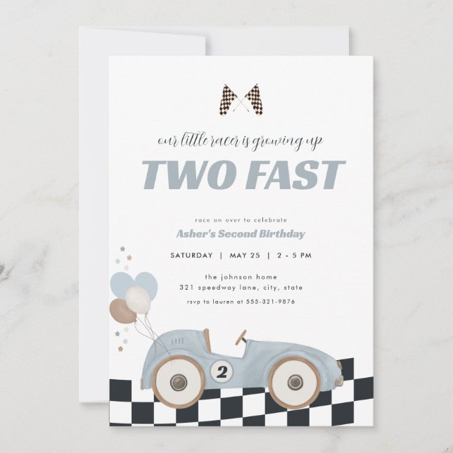 Blue Race Car Two Fast Second Birthday Invite  Einladung (Vorderseite)