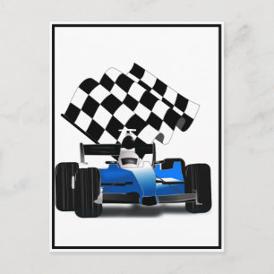 Blue Race Car with Checkered Flag Postkarte