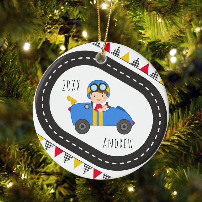 Blue Racing Car Boy Weihnachtsdekoration Keramik Ornament (Von Creator hochgeladen)