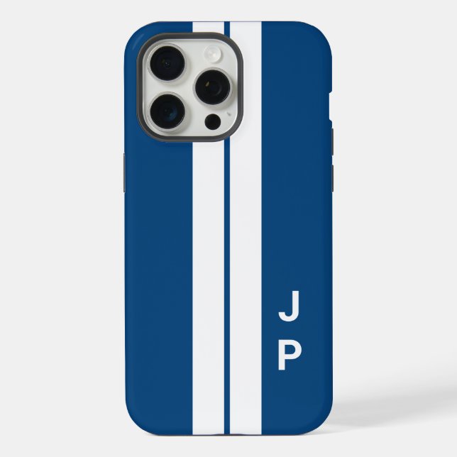 Blue Racing Car Stripes Minimale Initiale Monogram iPhone Hülle (Rückseite)