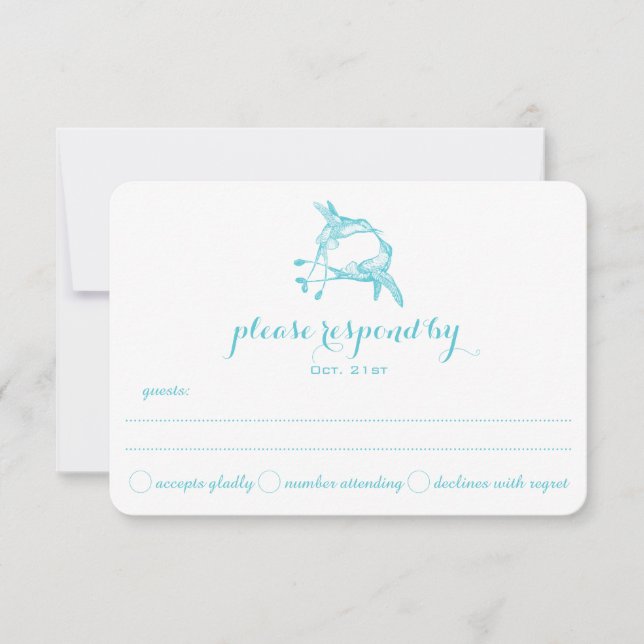 Blue Radiance Hummingbird Kiss Wedding RSVP Karte (Vorderseite)