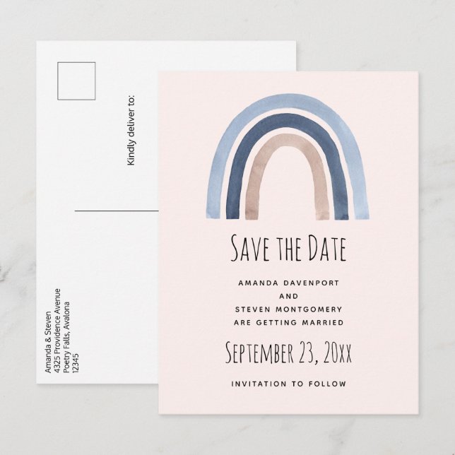 Blue Rainbow Boho Design Save the Date Hochzeit Ankündigungspostkarte (Vorne/Hinten)