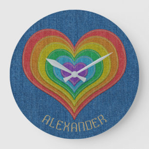 Blue Rainbow Denim Jeans 6 Hearts Name Customized Große Wanduhr